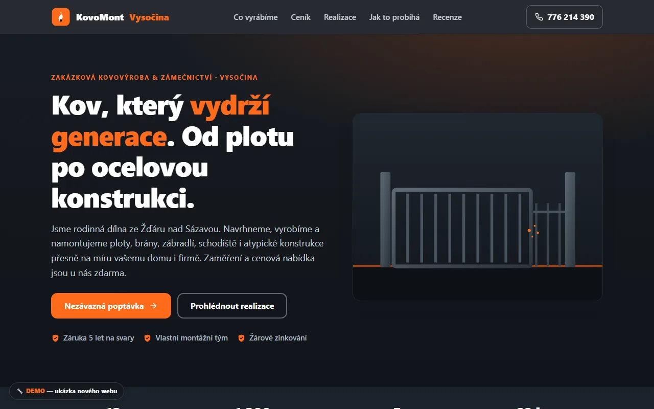 Náhled ukázkového webu — Kovovýroba